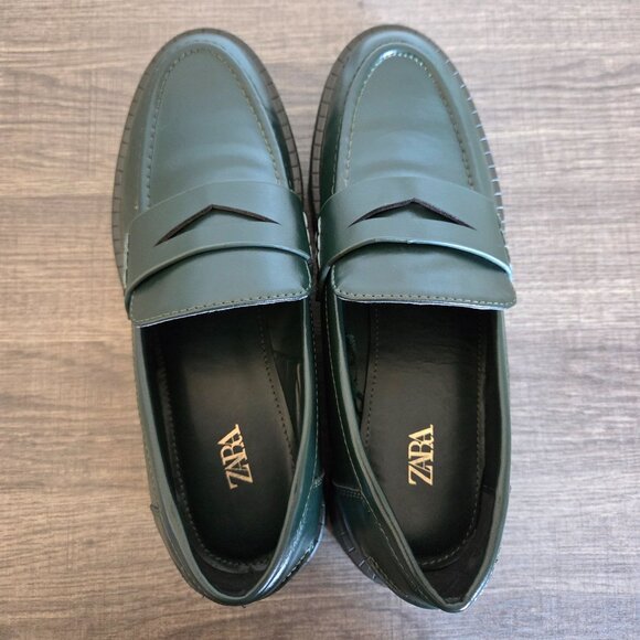 Zara Chunky Platform Loafer Shoes Dark Green Women's 6.5 EU 37 Academia Preppy - Picture 5 of 11